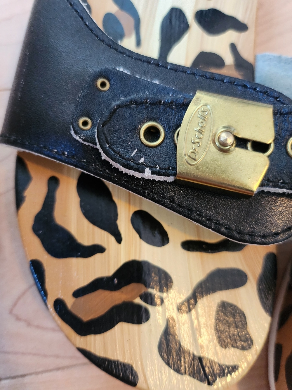 "Rare" Dr.Scholls Original Leopard Printed Wooden Sole Black Buckle Slides US 8 - Picture 6 of 6